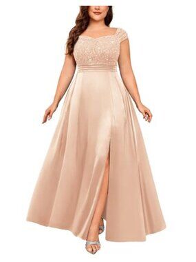 Plus Size Sequin Lace Prom Dress Off Shoulder Satin Slit Maxi Formal